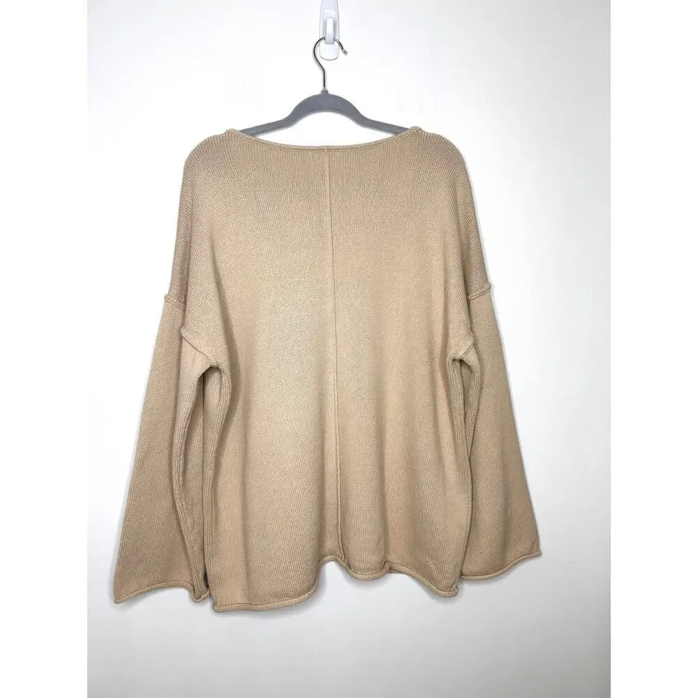 Reformation V Neck Sweater XL Beige Bell Sleeve Rolled Hem Neutral Cotton